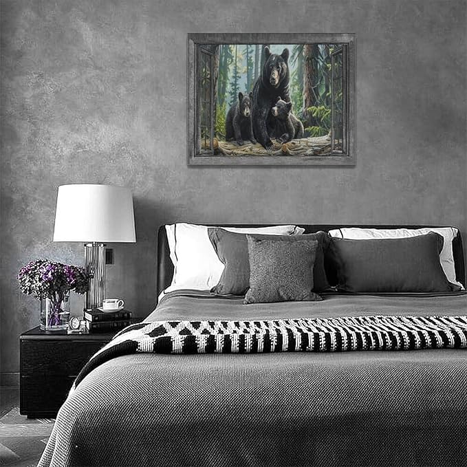 Black Bear Wall Art Forest Window Canvas Cabin Living Room Pictures Prints Animal Wall Decor Painting Artwork for Bedroom Dining Office Home 16"x12"