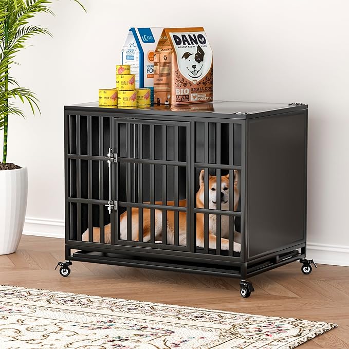 38 inch Heavy Duty Dog Crate with Self-Locking Latch, Indestructible Steel Large Kennel with Enclosed Design, Chew-Proof and Escape-Proof Pet Cage for High Anxiety Dogs