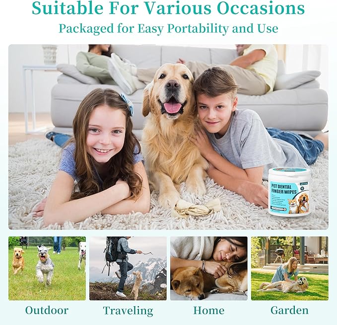Dog Teeth Cleaning Wipes, Cat & Dog Toothbrush Brushing Kit, Dog Tooth Finger Dental Wipes to Remove Tartar & Plaque, Plant-Based Care Disposable Pet Wipes (50 Count, Uncented)