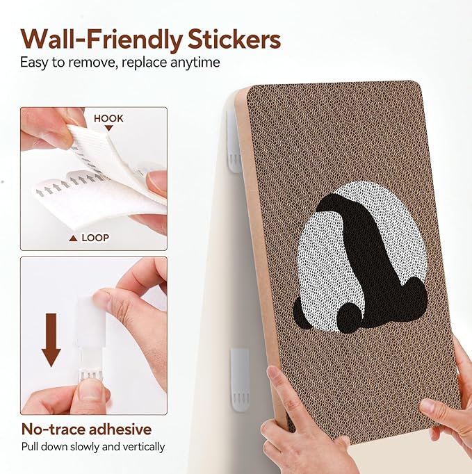 AUSCAT Cardboard Cat Wall Scratcher, 7 cat Scratching Boards with Box, Wall Mounted Cat Scratching Pads for Indoor Cats, Furniture Protector, 14.5" x 9.3", Panda Pattern