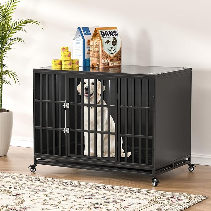 48 inch Heavy Duty Dog Crate with Self-Locking Latch, Indestructible Large Steel Kennel with Enclosed Design, Escape-Proof and Chew-Proof Pet Cage for High Anxiety Dogs