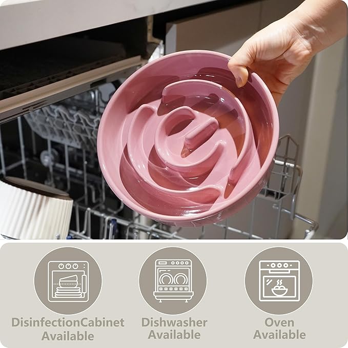 Ceramic Slow Feeder and Water Bowl Set for Medium and Large Dogs, Ceramic Dog Bowls Elevated with Wooden Stand, 2.0 Cups Dog Slow Feeder(30oz) and 70oz Water Bowl Set, Pink