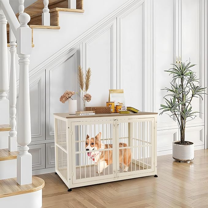 32 Inch Heavy Duty Dog Crate Furniture for Medium and Small Dogs, Decorative Pet House End Table, Wooden Cage Kennel Furniture Indoor with Double Doors, Sturdy Dog Cage for Anxiety Dog