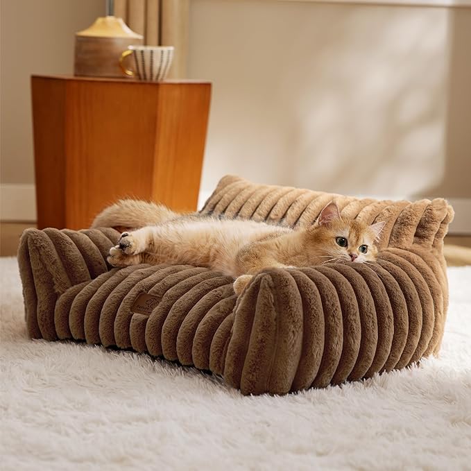 Bedsure Cute Cat Couch for Pets - Fluffy Cat Sofa with Premium Soft Corduroy Fleece, Fuzzy Pet Couch Bed with Removable Washable Cover, Supportive Pet Chair for Indoor Cats, 24inch, Copper Brown