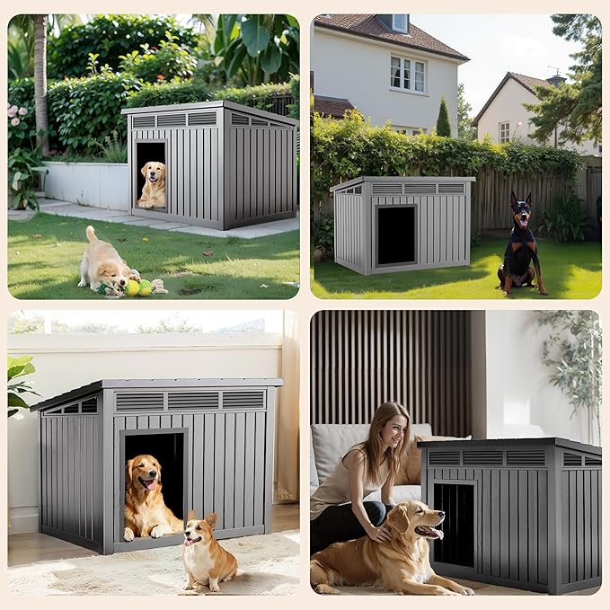 Dog House Indoor Outdoor,Resin Waterproof Puppy Shelter with Air Vents and Elevated Floor,Air Rod on Top to Open,Dog Kennel for Small to Medium Dogs(Grey,32.2 * 25.12 * 24.13)