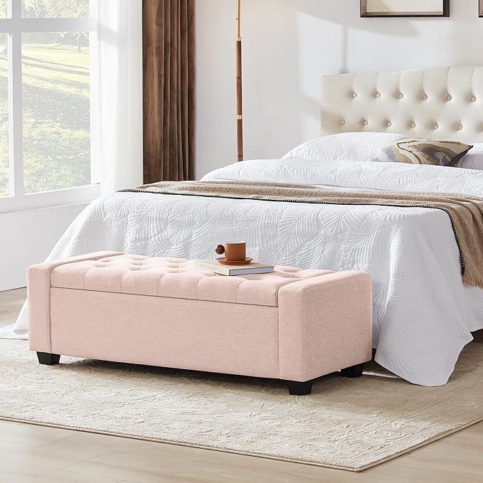 48" Ottoman with Storage, Pink Storage Ottoman Bench with Safety Hinge, Upholstered Entryway Bench with Seating for Bedroom, Living Room, Holds up to 330 lb