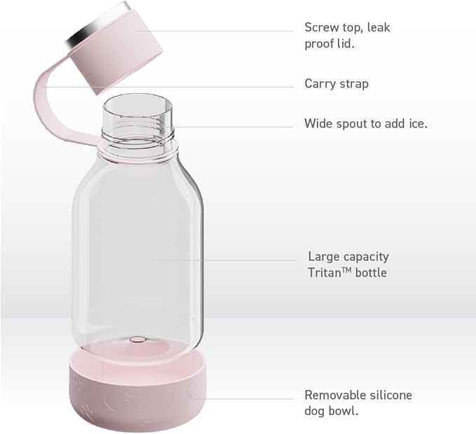 Asobu Buddy Bottle a Stainless Steel Insulated Water Bottle for with Removable Dog Water Bowl and Dog Food and Treat Storage Bowl (Pink, Tritan 50 oz Water Bottle with Bowl)