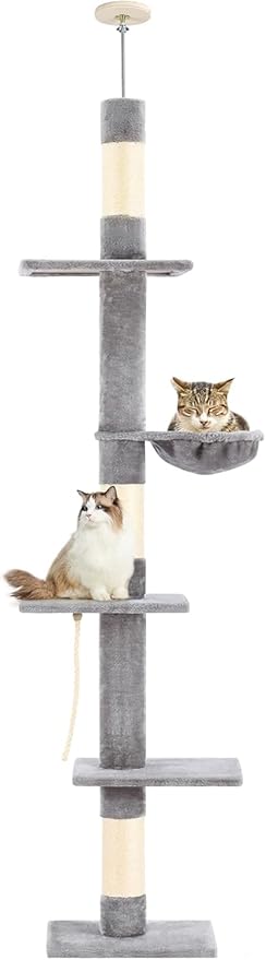 Cat Tree 5-Tier Floor to Ceiling, 89-109 Inch Adjustable Height Cat Tower with Cozy Hammock, Cat Climbing Tree for Indoor Cats, Gery