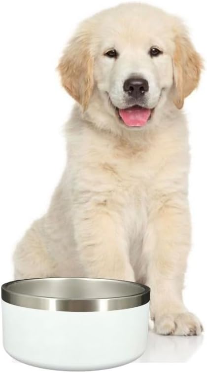 64 oz White Dog Bowl for Medium and Large Dogs, Non Slip Double Wall Vacuum Insulated Stainless Steel Dog Bowl That Keeps Water Cool (64 oz, White)