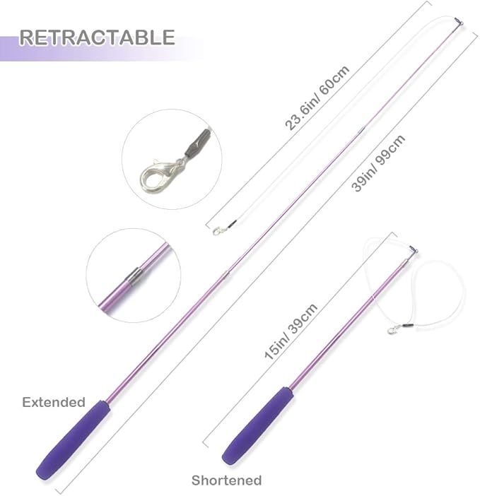 Cat Toy Wand, Interactive Feather Teaser Cat Toys Set, Retractable Cat Fishing Rod with 5pcs Refills (Purple)