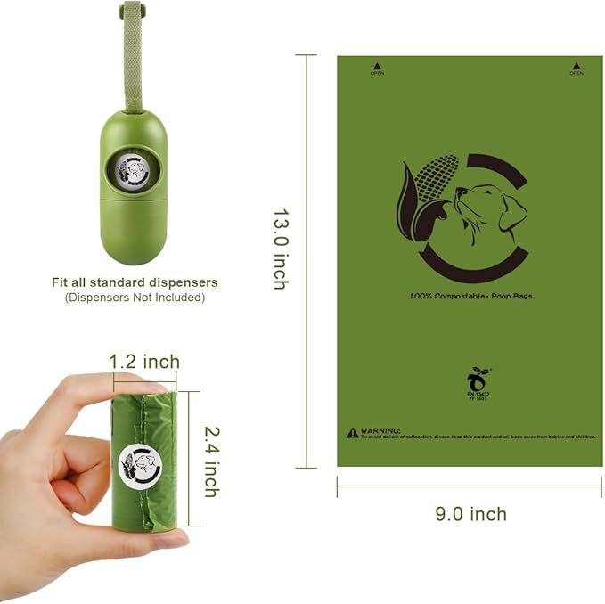 Certified Compostable Dog Poop Bags, 270 Count Landfill Friendly and Leakproof Waste Bags, Easy Open Unscented Forest Green Poop Bag for Dog, 15 Doggy Bags Per Roll (18 rolls)