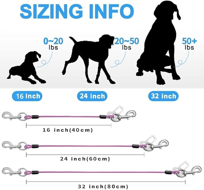 Dog Seat Belt Harness for Car,Dog Seatbelt of Coated Wire Leash Safety Restraint,No Chew Tether Cable Vehicle,Double Clips & Latch (Purple, 24 inch/60 CM)