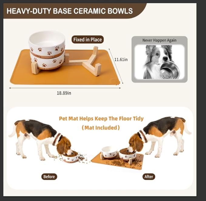 Ceramic Dog Bowls for Small and Medium Dogs, 32 OZ Dog Food and Water Bowl Set with Wooden Stand and Non-Slip Silicone Food Mat, Weighted Embossed Cute Puppy Bowls Feeding Dishes Set of 2