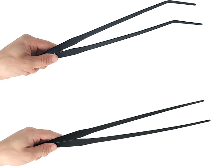 Aquarium Tweezers Extra Long 15 inches Feed Tong Clamps - FEITA Straight and Curved Stainless Steel 38cm Tweezers Set for Fish Tank Plants Aquascape Tools & Reptile Feeding Tongs - Black 2Pcs