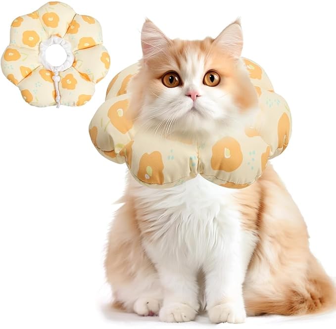 ComSaf Cat Cone Collar Soft - Cat E Collar Cones to Stop Licking, Recovery Elizabethan Collar for Cats After Surgery, Soft Cone for Medium Cats, Waterproof & Lightweight, Yellow Flower, M