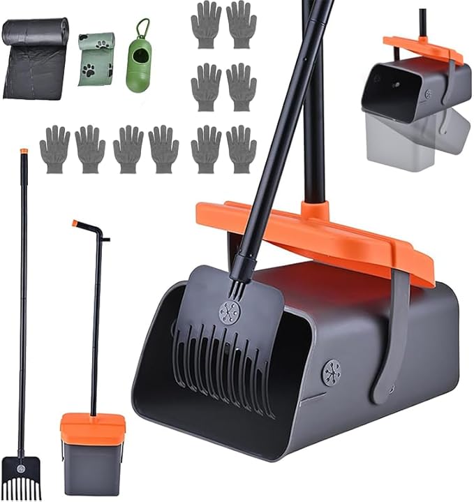 Dog Pooper Scooper with Rotating Bucket & Rake – 46” Adjustable Long Handle Includes 85 Waste Bags – Heavy Duty Poop Scooper for Large Medium & Small Dogs – Yard Lawn Gravel & Dirt Cleanup