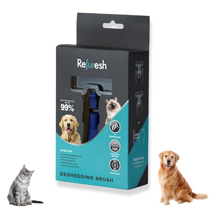 Deshedding Dog Brush for Long Hair (Medium,Blue) – Gentle Deshedding tool for Dogs & Cats – Reduces shedding, without damaging topcoat. Removes Loose Fur & Dead Undercoat.