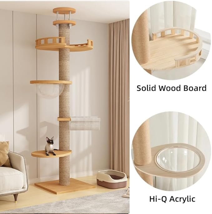Cat Tree Floor to Ceiling,Cat Tree Height Adjustable from Floor to Ceiling（92“-114”）, Tall Climbing Tree, Equipped with Scraping Pillars, Comfortable Bed, Observation Deck, Space Capsule
