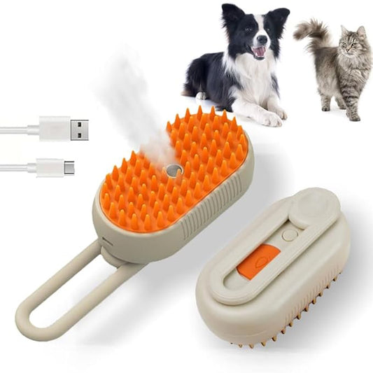 Cat Steam Brush for Shedding, 4 in 1 Rechargeable Pet Steam Brush for Dogs and Cats, Anti-Static, Massage, Cleaning, Shedding & Combing All In One! (Khaki)