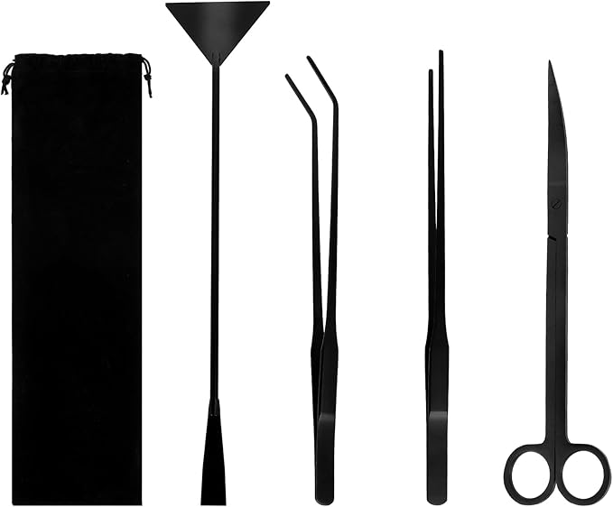 Aquarium Aquascaping Tool Stainless Steel Aquascape Tools Kit 4 in 1 Anti-Rust Fish Tank Starter Kit with Tweezers Scissors Spatula for Aquarium Plants (Black)
