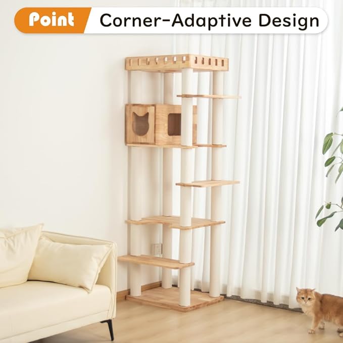 74" Wooden Cat Tree Tower for Large Cats, Multi-Level Cat Climbing Furniture with Scratching Posts, Cat Condo & Hammock, Natural Wood Cat Activity Center (White)