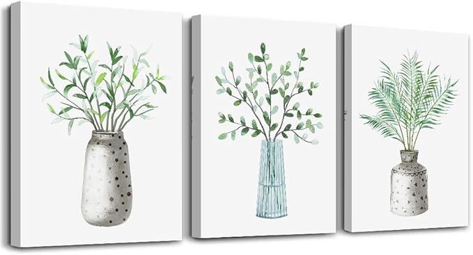 AHUASJART Canvas Wall Art Paintings For Kitchen Dining Room Large Size Wall Decor Living Room Wall Decoration For Bedroom Office Decor Green Leaf Vase Wall Pictures Artwork For Home Walls 3 Piece