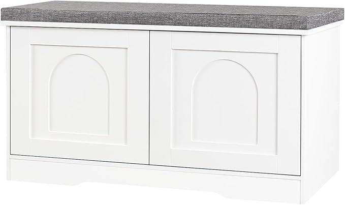 DINZI LVJ Shoe Bench, Entryway Storage Bench with Doors, Cushion, 2-Tier Shoe Rack with 6-Cubby, 31.5”L x 13.8”W Shoe Organizer Cabinet, Adjustable Shelf, Living Room, Bedroom, White
