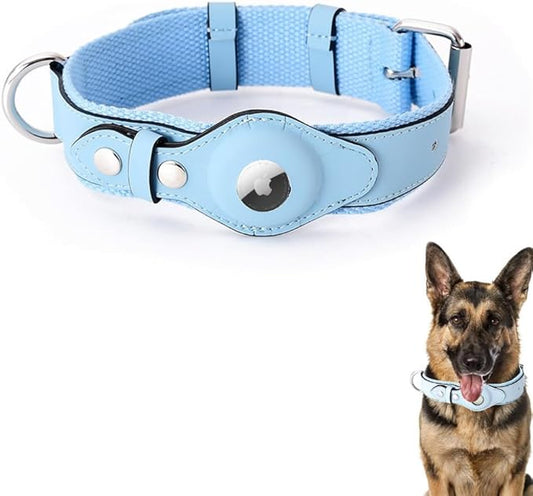 AirTag Dog Collar Soft Leather Webbing Dog Collar for AirTag Provides Double Protection for Small Medium and Large Dogs(Blue,S)