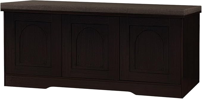 DINZI LVJ Shoe Bench, Entryway Storage Bench with Doors, Cushion, 2-Tier Shoe Rack with 6-Cubby, 39.4”L x 13.8”W Shoe Organizer Cabinet, Adjustable Shelf, Living Room, Bedroom, Espresso