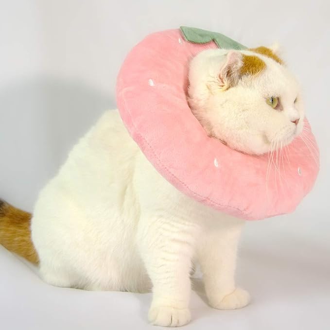 Adjustable Cat Recovery Collar Soft,Cute Pet E-Collar Neck Cone After Surgery Wound Healing Protective Cone Fit for Kitties, Small Dogs(ELC05-strawberry-l)