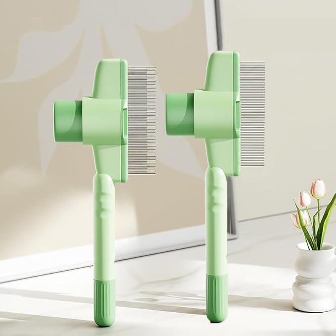 Cat Comb Dog Comb Pet Hair Removal Tool Flea for Cats and Dog Lice Cat Brush with Release Button Self-Cleaning with Long & Short Stainless Steel Metal Teeth for Shedding