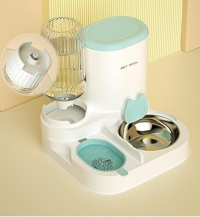 Automatic Cat Feeder & Water Dispenser - Dual Container for Dry/Wet Food, Two-in-One Upgraded Gravity Feeder and Water Dispenser Combo Set for Cats and Dogs. (Grey)