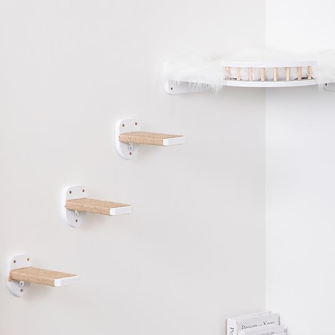 3pcs Wall Mounted Cat Steps, Climbing Furniture, Shelves With Hemp Rope Covered, Solid Wood Ladder for Playing and Climbing (Standard-White)