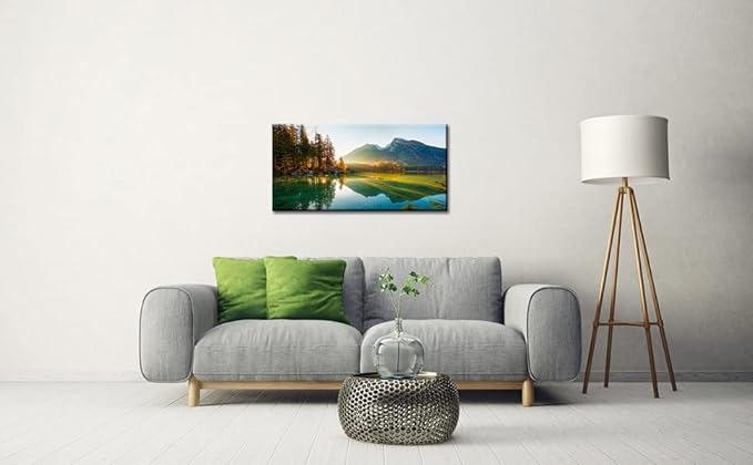 Beautiful Lake Mountain Range Sunrise Sunset Landscape Canvas Wall Art for Living Room, Autumn Forest National Park Scenery, Nature Scenic Picture Print Artwork Painting Decor,Inner Frame 20x40