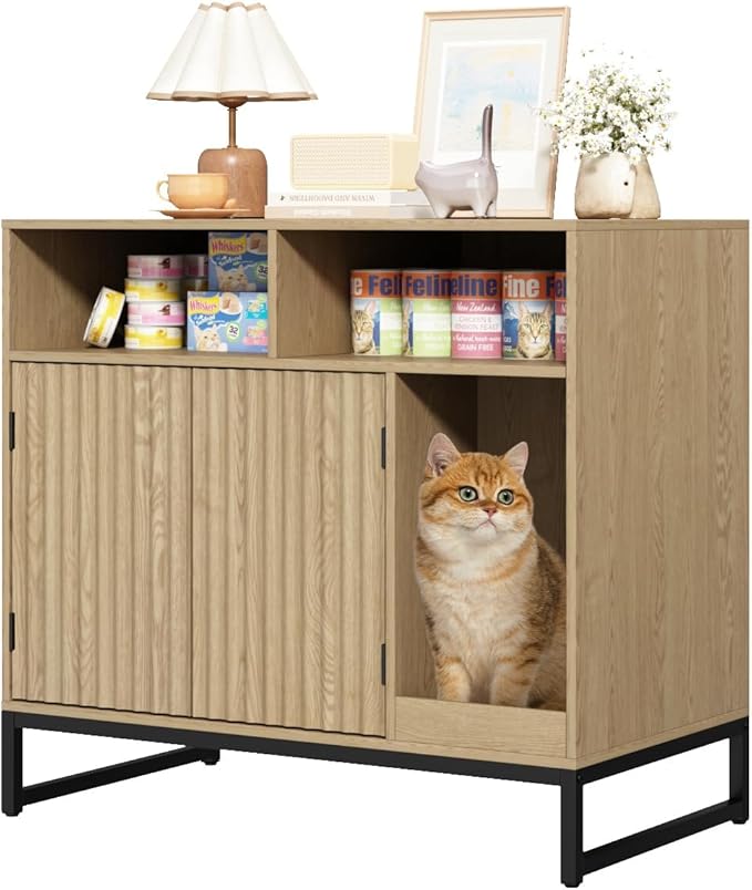 Cat Litter Box Enclosure, Large Hidden Pet Storage Cabinet Furniture with Waveform Fluted Doors & Scratching Pad, Modern Wooden Cat House Indoor for Washroom, Living Room, Bedroom, Natural