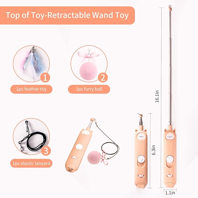 Cat Laser Toys, 2 in 1 Laser Pointer Cat Toys,Internative Cat Toys for Indoor Cats,3+5 Light Modes Cat Wand Toy, Retractable Cat Feather Toys, Long Range Kitten Toys,USB Rechargeable