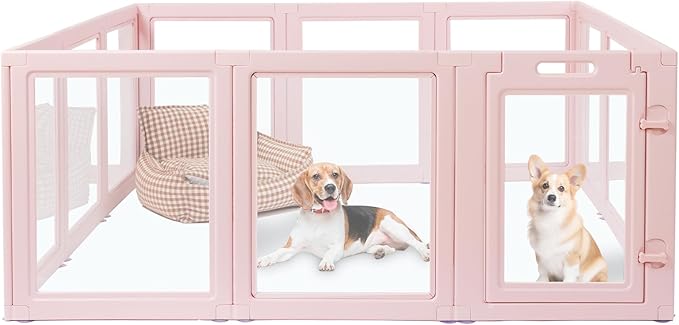 DIY Clear Acrylic Dog Playpen House,Quick Easy Assembly and Disassembly,Strong Floor Suction,Indoor and Outdoor Use,Easy Cleansing Puppy Fence (Skin Pink, 23.6" H, 12PCS)