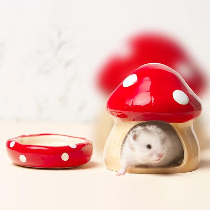 Ceramic Mushroom Guinea Pig House Hamster Hide Bed Includes Hamsters Food Bowl Guinea Pig Hideout for Hamster Chinchilla Hedgehog Rat Small Animals(Red Mushroom Set)