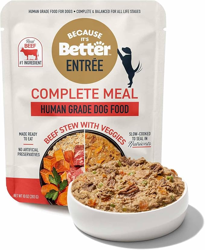 Because it's Better Entrée Complete Meal, Beef Stew with Veggies, Human Grade Wet Dog Food, 10 oz Pouches, 6 Count