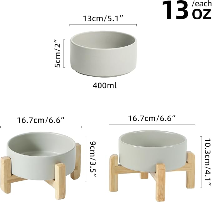 Ceramic Raised Dog and Cat Bowl Set, 2 Heights Elevated Stand, Food and Water Bowl for Small Breed Dogs, Cats, Kitty, Weighted Dog Dishes, Pet Bowls(5.1'',13.5oz, Grey)