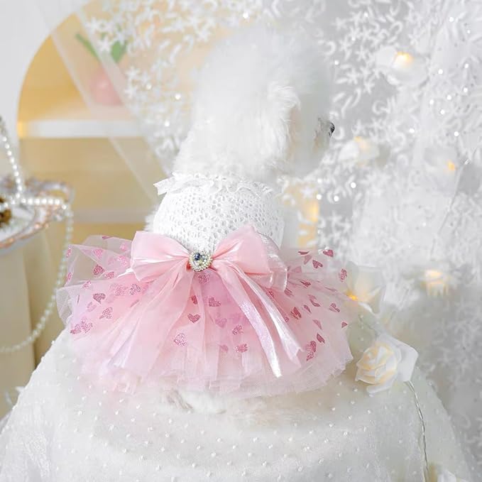 Dog Princess Dress with Heart Patterns & Bow Puppy Clothes for Small Dogs Girl Fancy Cat Birthday Outfit Pet Wedding Dresses(Pink White, Large)