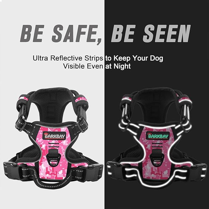 BARKBAY No Pull Dog Harness Front Clip Heavy Duty Reflective Easy Control Handle for Large Dog Walking(Pink camo,L)