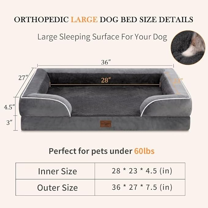 Comfort Expression Cooling Dog Bed for Large Dogs, Memory Foam Orthopedic Dogs Beds, Waterproof Washable Dog Beds with Removable Cover, Pet Bed Sofa with Bolster(Large,Leaden Grey)