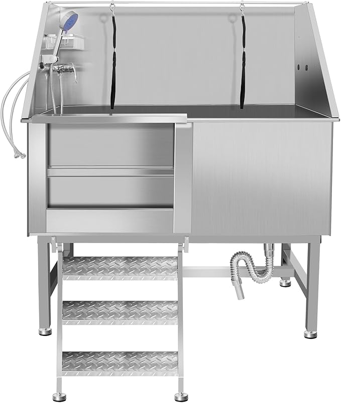 50" Dog Washing Station, Professional Stainless Steel Dog Bathing Station, Equipped/W Three Anti-Slip Steps, Removable Door, Upgraded Spray Nozzle&Hose - for Home, Pet Grooming Salon (50" Left ramp)