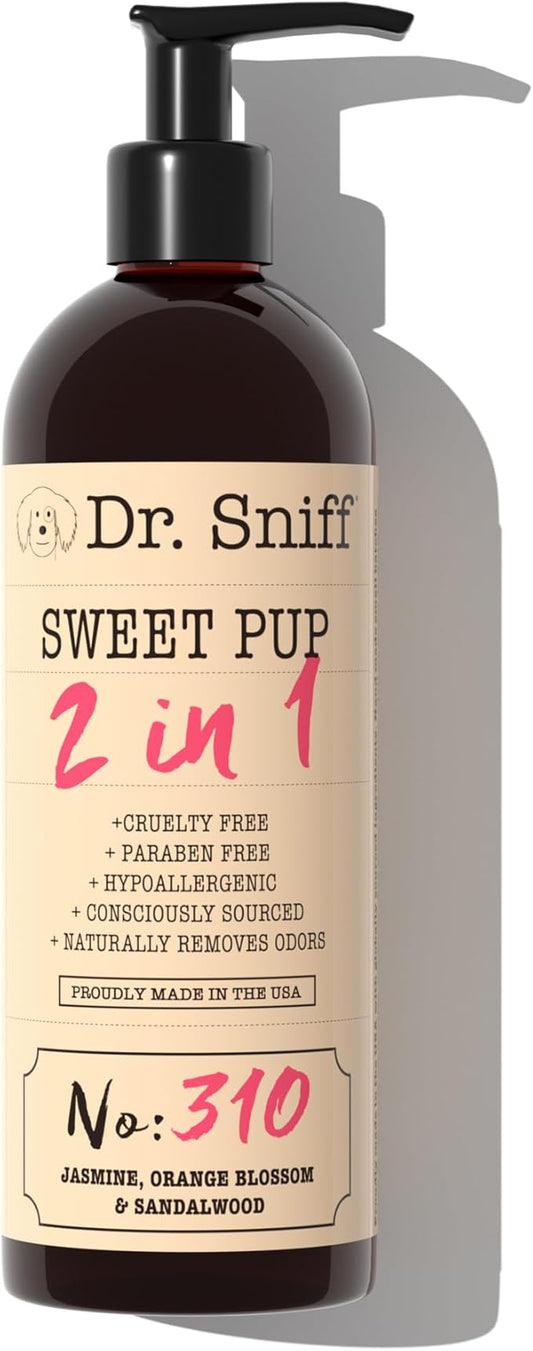 Dr. Sniff 2-in-1 Pet Shampoo & Conditioner, Ultimate Grooming Treatment for Dog & Cat Hair, Freshens Scent, Made in The USA, Sweet Pup Scent, 16 Oz