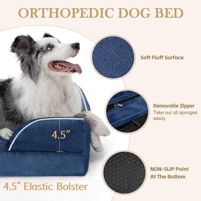 Comfort Expression Large Dog Beds, Waterproof Dog Beds Orthopedic Foam, Dogs Sofa Comfy Pet Beds with Washable Removable Cover & Non-Slip Bottom(Large,Navy Blue)