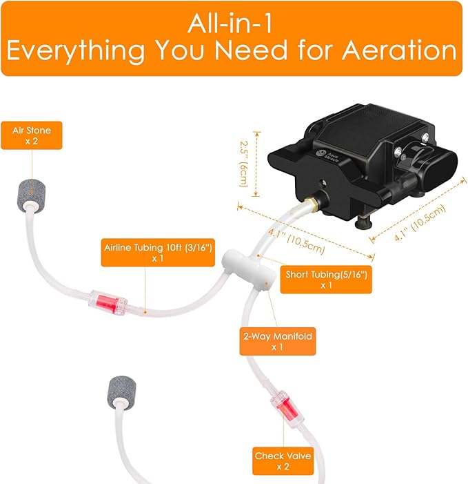 AquaMiracle 6/8/16W Quiet Fish Tank Air Pump 200/317/475GPH High Pressure Aquarium Air Pump Commercial Air Pump Pond Aerator Bubbler Hydroponics Air Pump