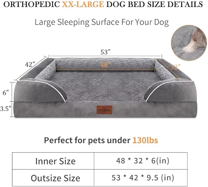 Comfort Expression Orthopedic Memory Foam Dog Beds for Giant Dogs, XXL Dogs Beds Washable, Waterproof Dog Beds with Bolster & Removable Cover(XX-Large,Silver Grey)