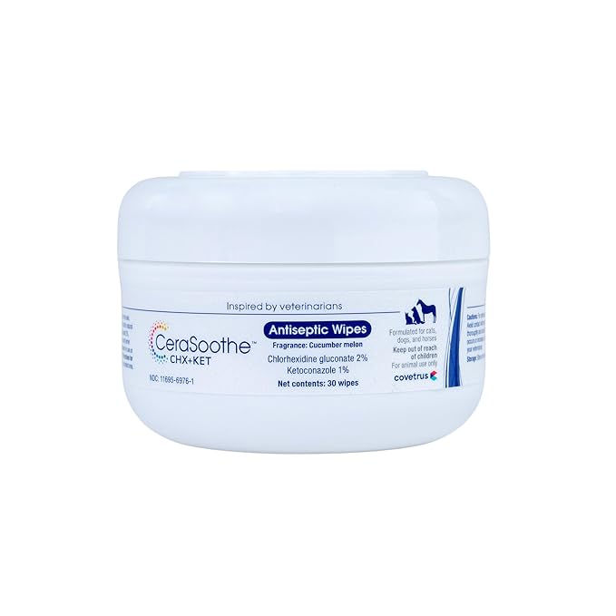 CeraSoothe CHX+KET Antiseptic Wipes Formulated for Dogs, Cats, & Horses – Chlorhexidine & Ketoconazole Medicated Pet Wipes – Antibacterial & Antifungal Skin Care for Pets – 30 Count