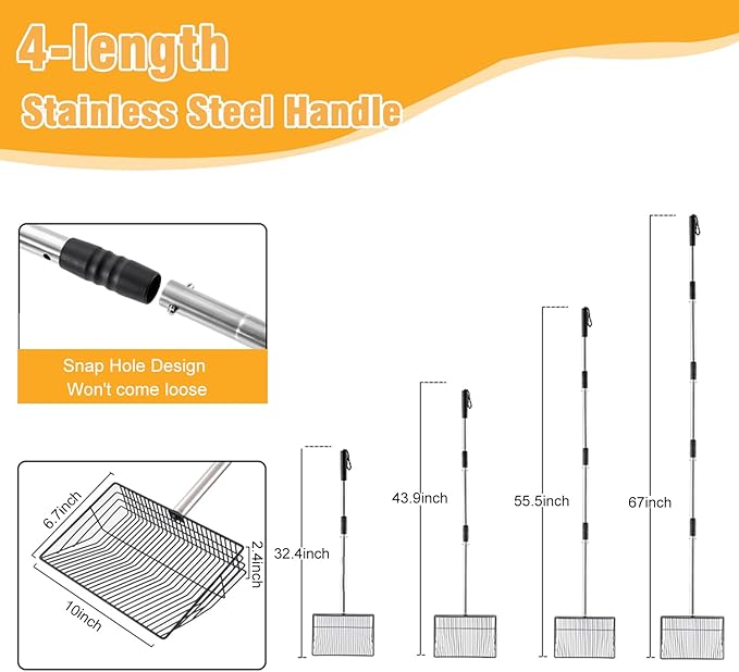 Chicken Poop Scooper 67 inch Adjustable Coop Scooper with 10 inch Metal Sieve for Fast Cleaning, Multi-Purpose Litter Tool for Chicken Coops, Barns & Pet Waste